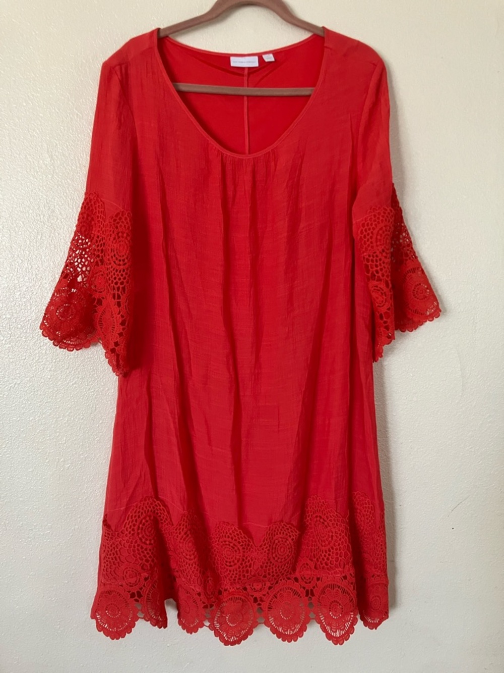 New York & Company Coral Red Lace Detail Dress, XL